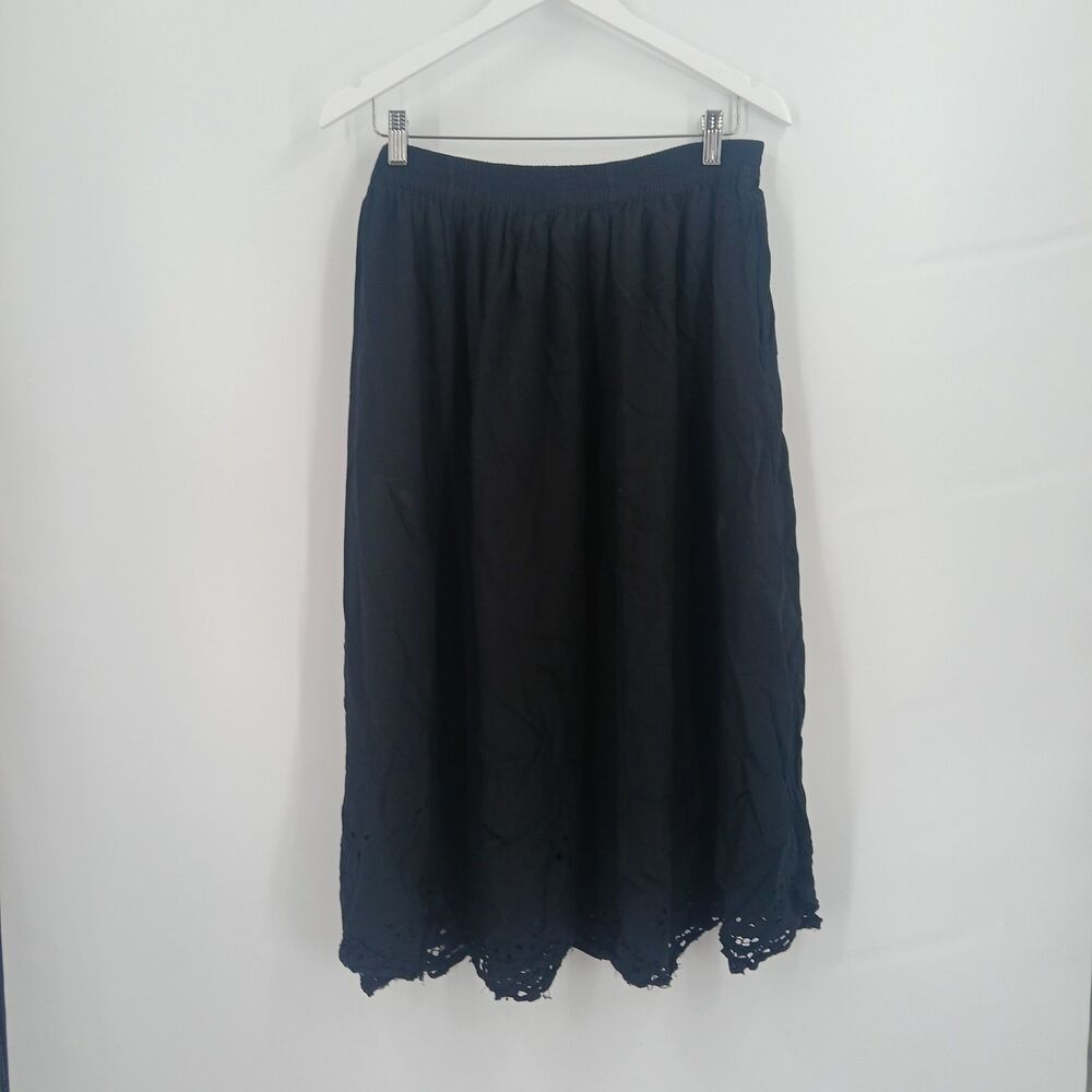Vintage MPH Collection Black Eyelet Lace Trim Elastic Waist Midi Skirt Womens 1X